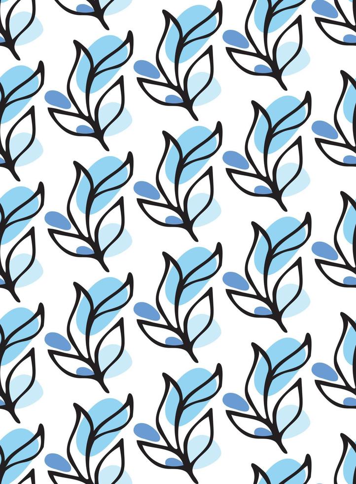 patrón transparente con tinta negra hojas florales garabatos dibujados a mano y formas redondas abstractas en azul sobre blanco. Fondo clásico, adorno de impresión textil, elemento de vector de diseño de moda.