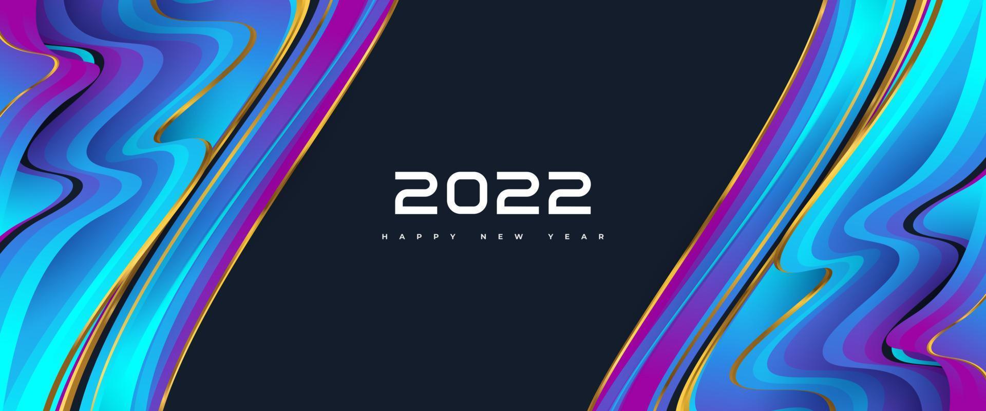 Feliz año nuevo 2022 pancarta o póster con diseño de fondo fluido colorido. Plantilla de diseño de celebración de año nuevo para volante, póster, folleto, tarjeta, pancarta o postal vector