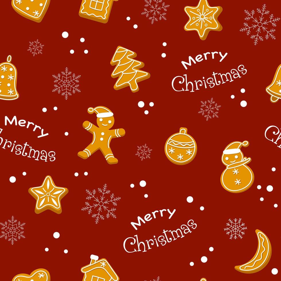 pan de jengibre e inscripción feliz navidad de patrones sin fisuras. Fondo de Navidad festivo con galletas, bayas y copos de nieve. estilo plano. ilustración vectorial vector
