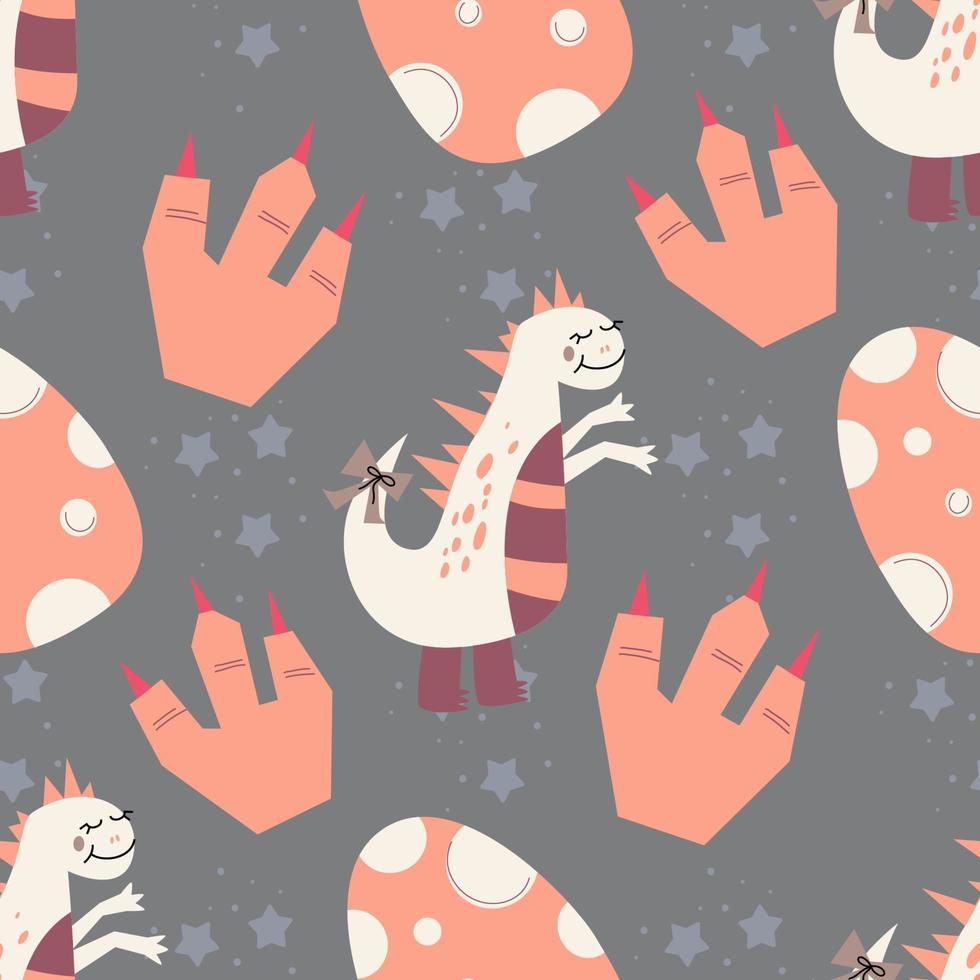 Childish seamless pattern in pink with dinosaur, eggs and paw prints.Vector illustration in flat style for baby textiles with cute dinosaur. vector