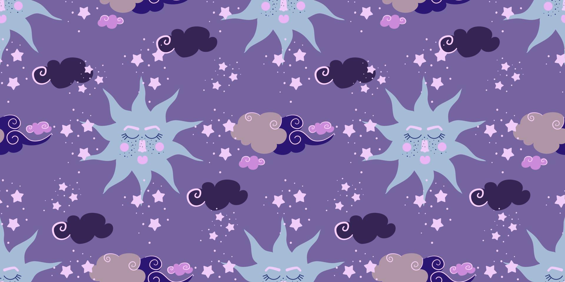 fondo místico con sol y nubes astrología mágica y el cielo estrellado. ilustración vectorial para textiles para bebés. patrón sin costuras para niños vector