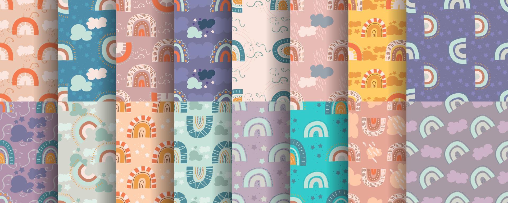 Set of seamless patterns with rainbows in organic handdrawn style.Rainbows, clouds and stars in a set for children's textiles. Vector illustration in flat style.