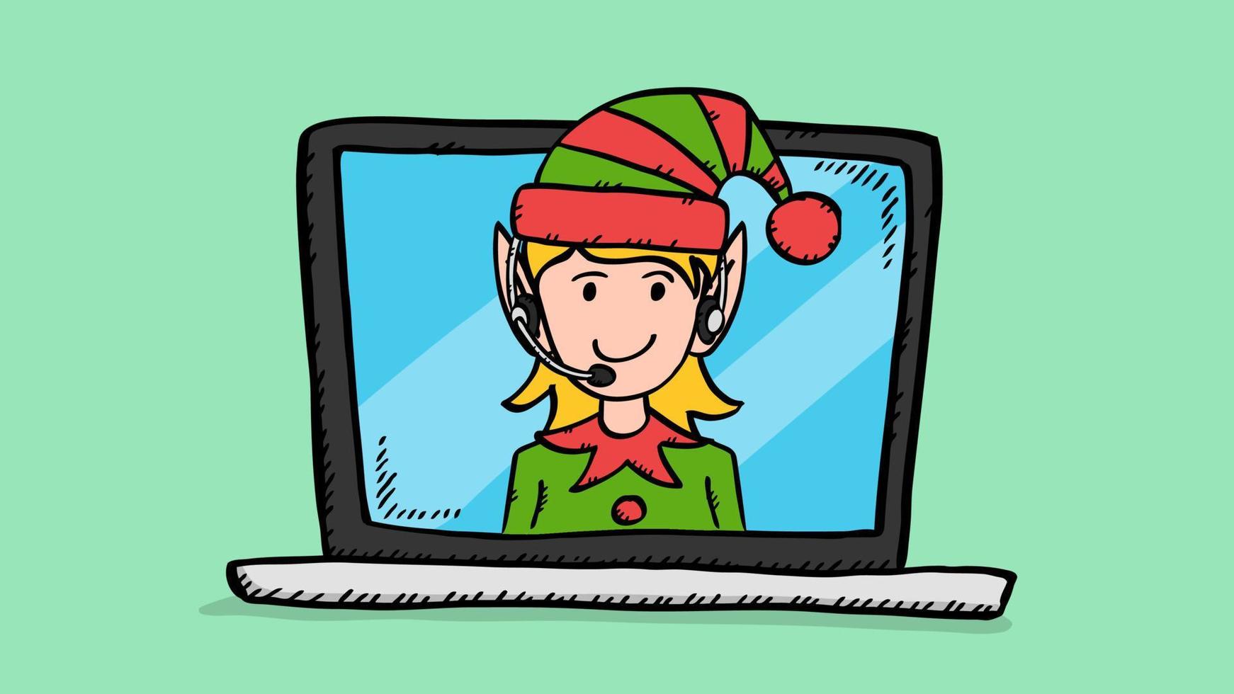 mano dibujar vector doodle de niña elfa con auriculares en la pantalla del portátil. Ilustración colorida en estilo boceto de soporte de servicio al cliente.