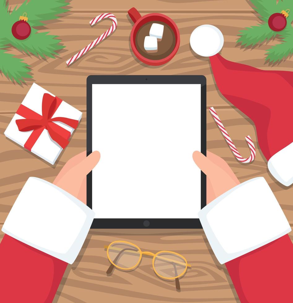 Santa holding tablet with his wooden table in the background, flat design illustration vector