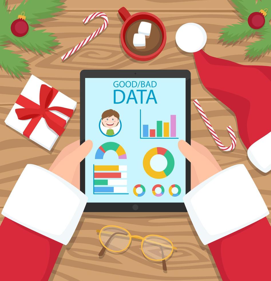 Santa claus is holding tablet and watching data of boy behavior, if there were good or bad - vector flat design illustration