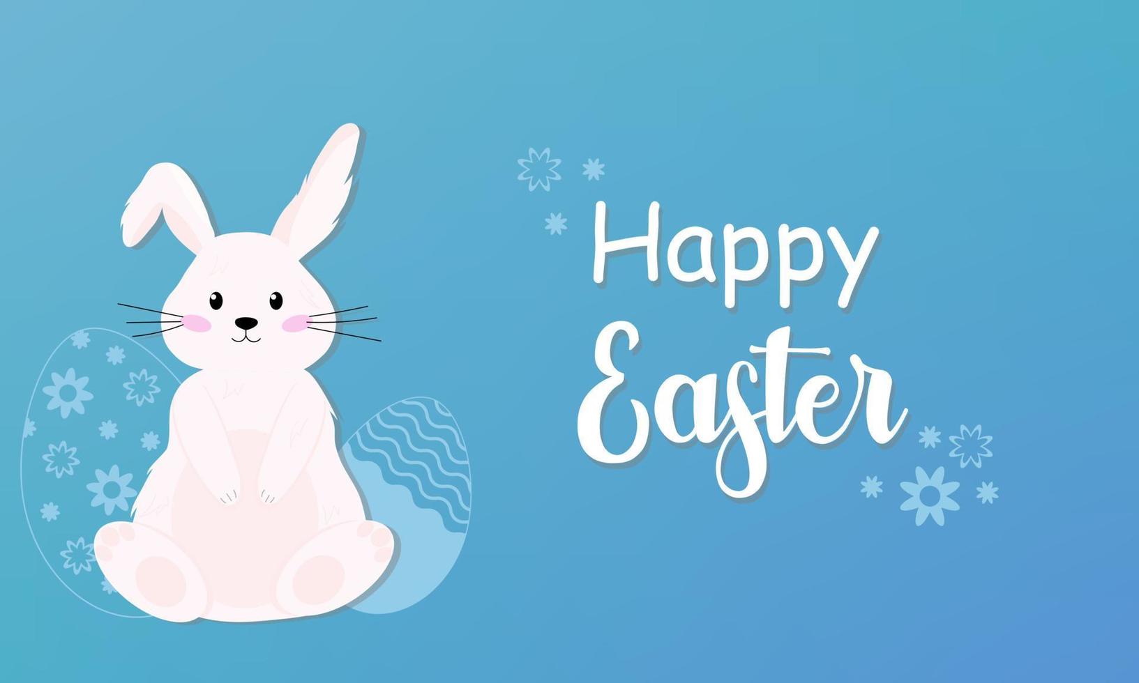 White easter rabbit and eggs. Inscription Happy Easter and cute bunny on blue background. Vector illustration