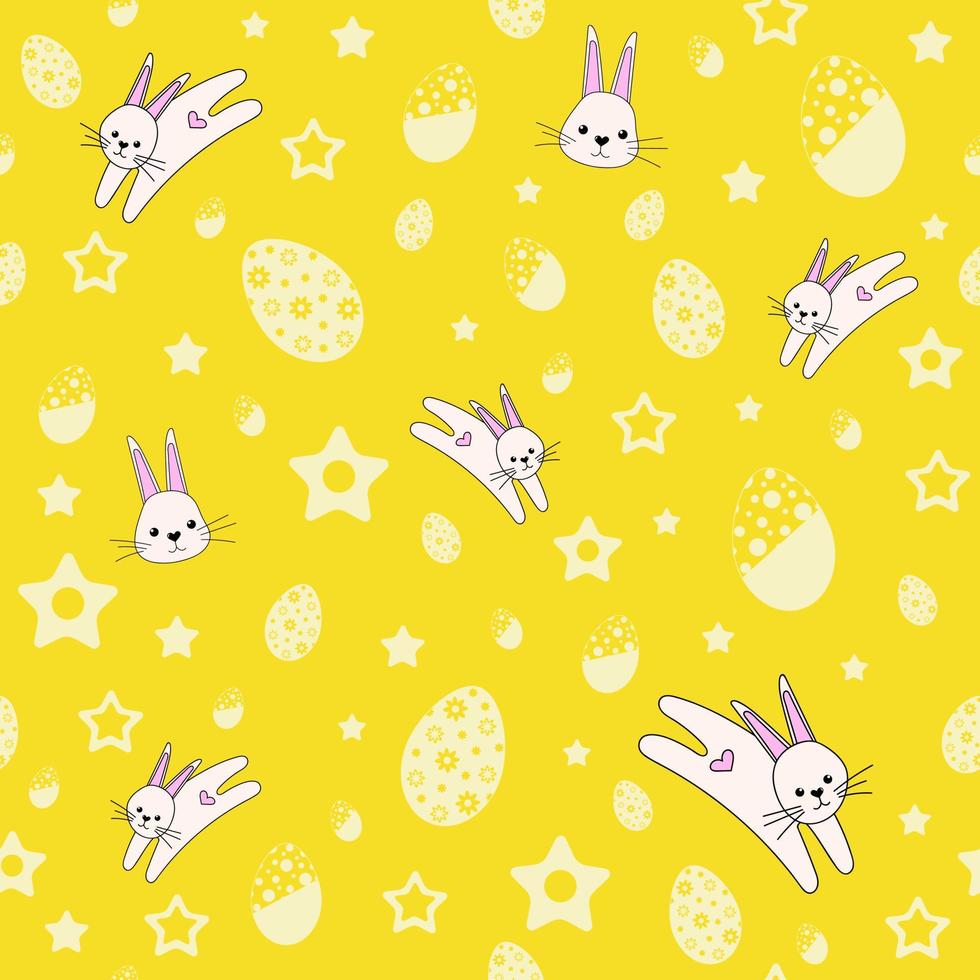 A cute seamless pattern with rabbits, flowers and easter eggs. Easter spring design with bunnies. Vector illustration