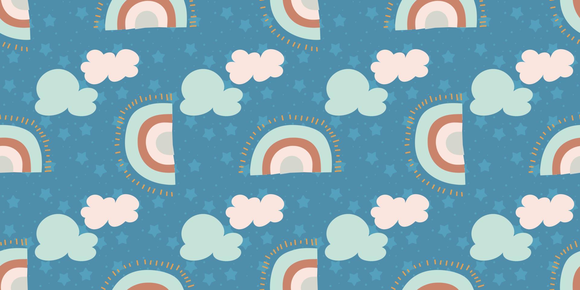 Seamless pattern with rainbows, clouds and stars. Cute endless pattern for kids textiles in handdrawn organic style. Vector illustration in flat style.