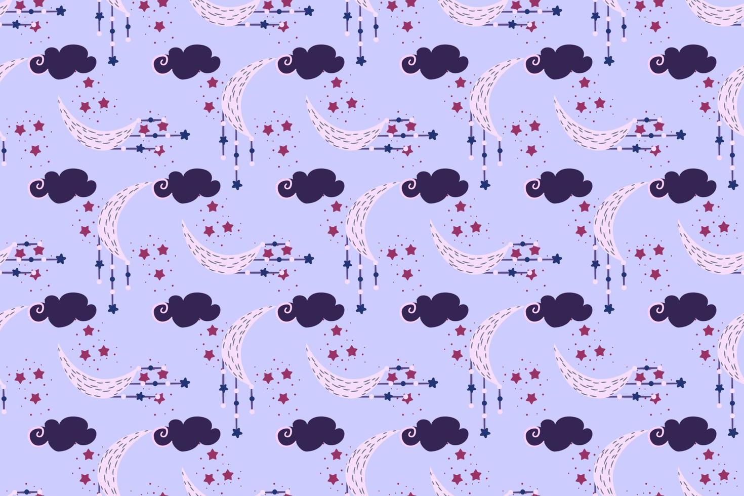 místico de patrones sin fisuras con nubes y luna astrología mágica y el cielo estrellado. ilustración vectorial para textiles para niños. vector