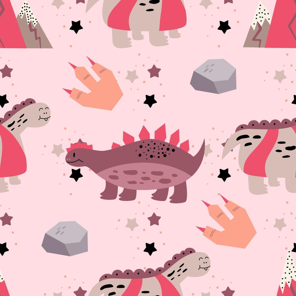 Childish seamless pattern in pink with dinosaur, stone stars and paw with claws.Vector illustration in flat style for baby textiles with cute dinosaur. vector