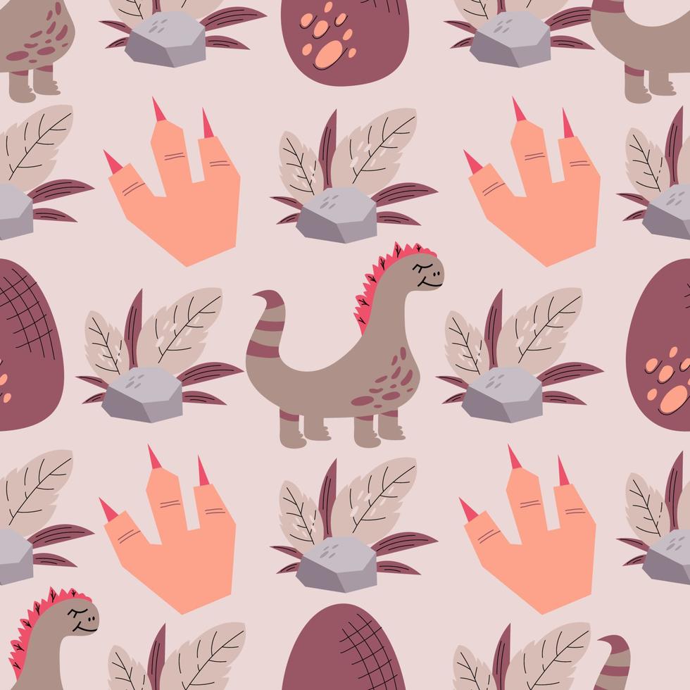 Childish seamless pattern in pink with dinosaur, stone, leaves and paw with claws.Vector illustration in flat style for baby textiles with cute dinosaur. vector