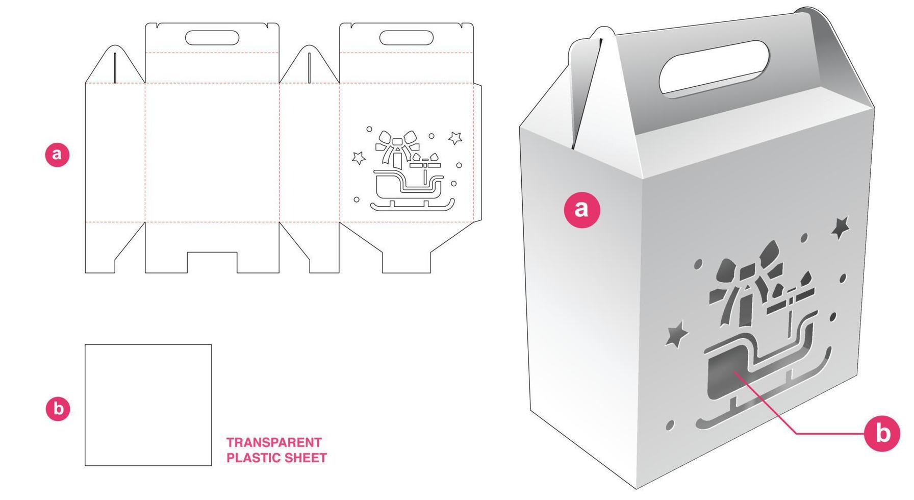 Caja con asa de cartón y ventana tipo trineo con plantilla troquelada de hoja de plástico transparente vector