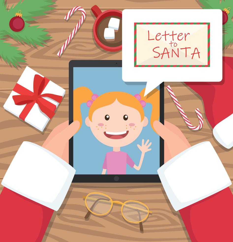 Papá Noel sostiene la tableta y tiene una conversación con una niña y una carta para Papá Noel en la nube de cómics vector