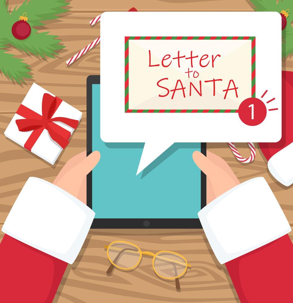 Santa claus is sitting at his workplace desk and receiving letter on his tablet - vector flat design illustration