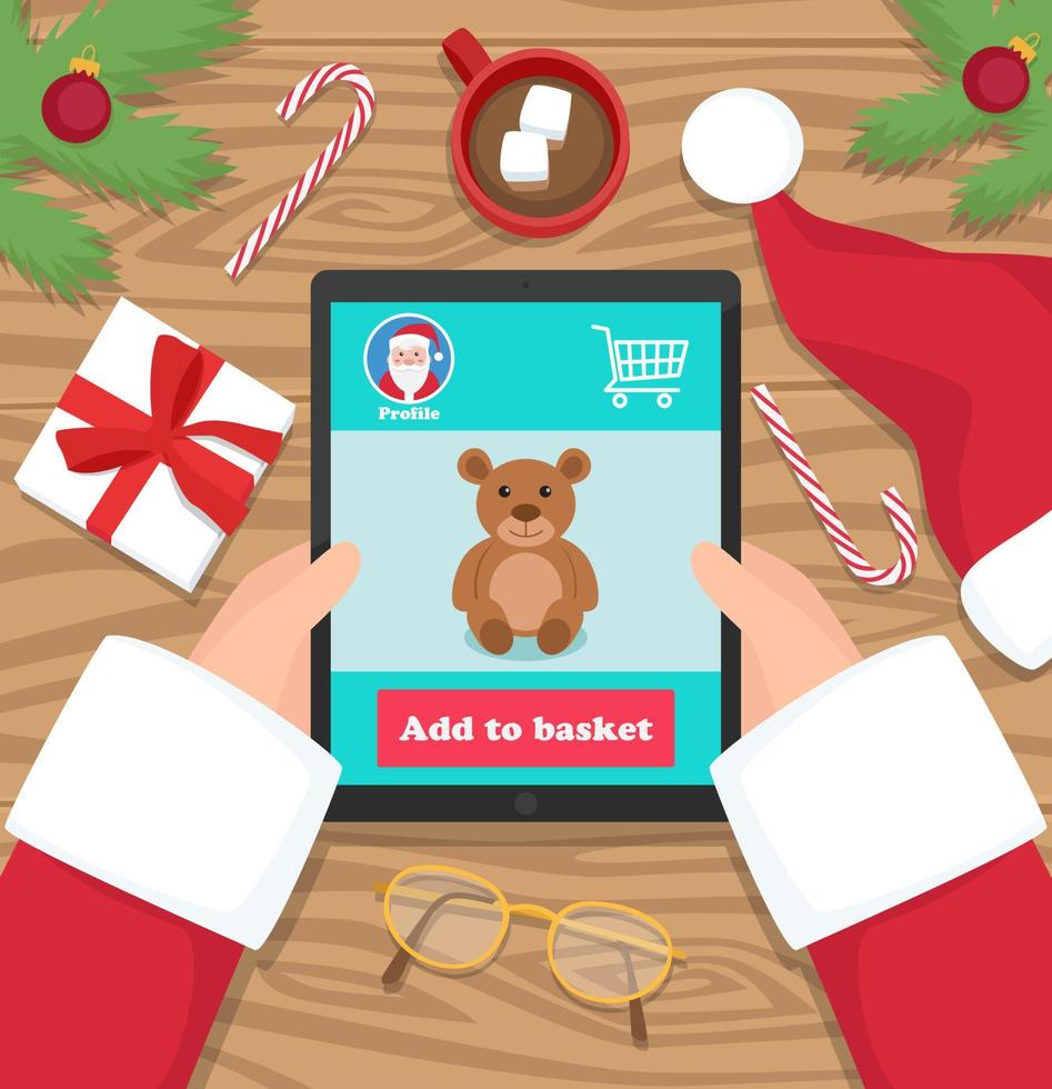 Santa Claus buying gifts for kids on his tablet - flat design vector illustration