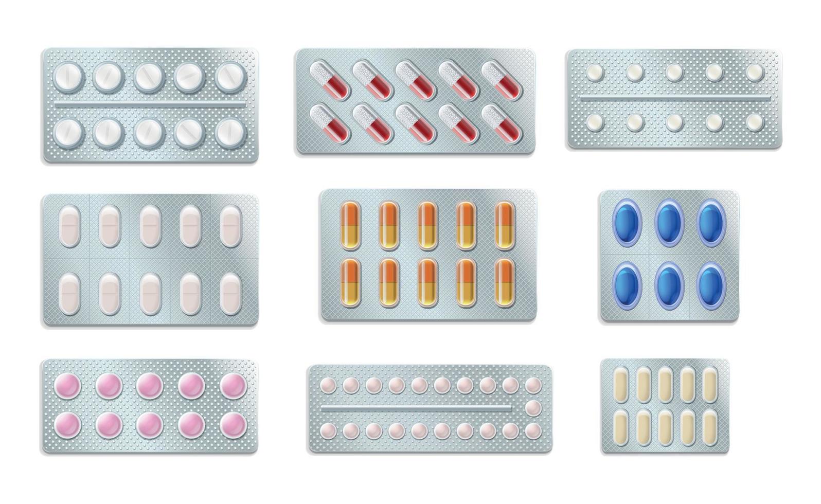 pastillas, tabletas, cápsulas, blister, realista, icono, conjunto vector