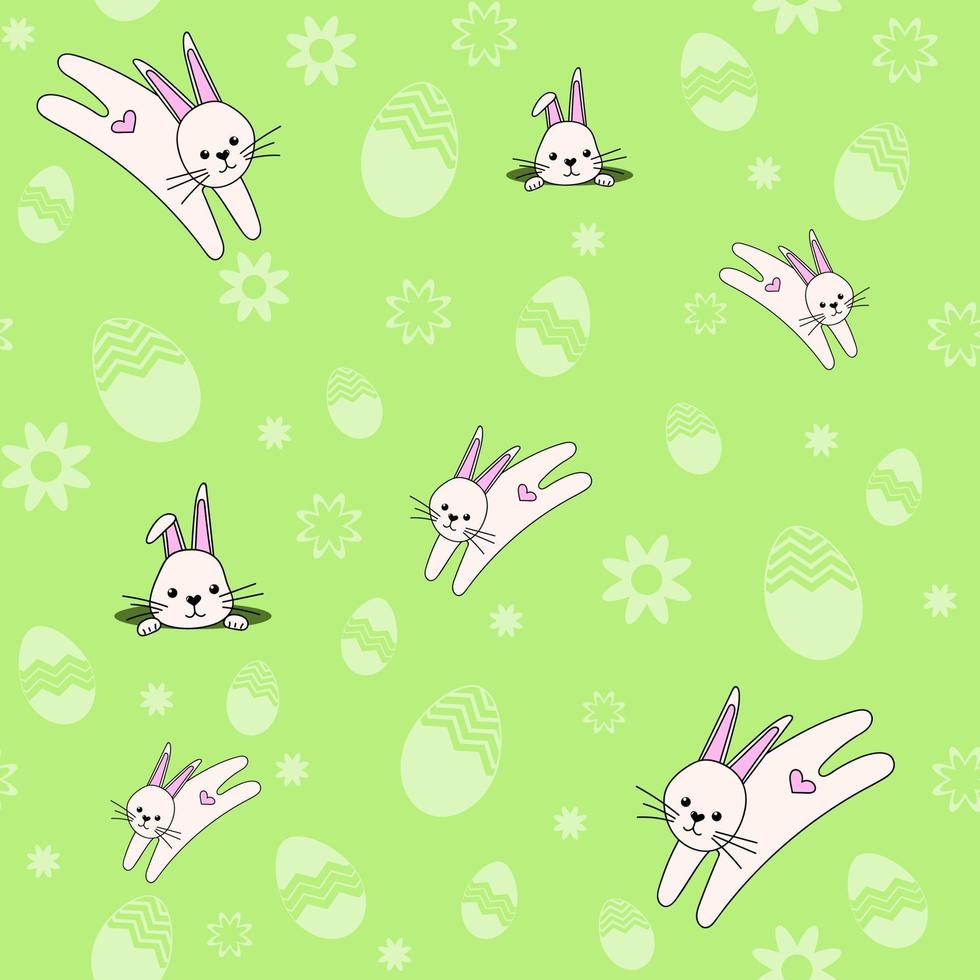 A cute seamless pattern with rabbits, flowers and easter eggs. Easter spring design with bunnies. Vector illustration