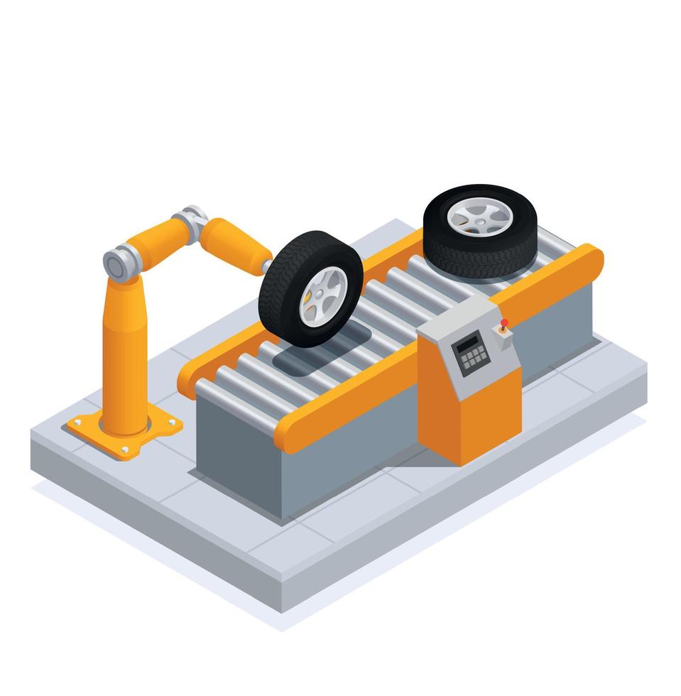 Servicio de producción de neumáticos isométrico de color y composición. vector