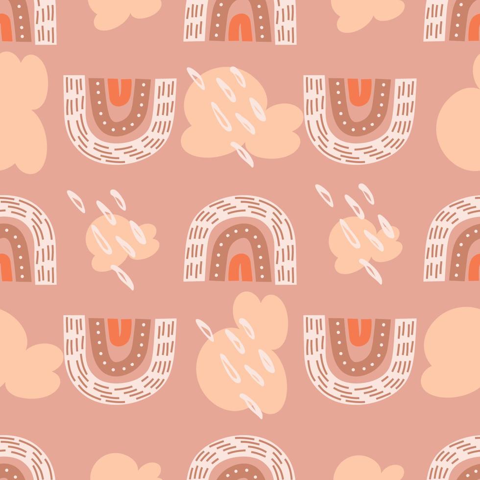 Seamless pattern with rainbows, clouds and stars. Cute endless pattern for kids textiles in handdrawn organic style. Vector illustration in flat style.