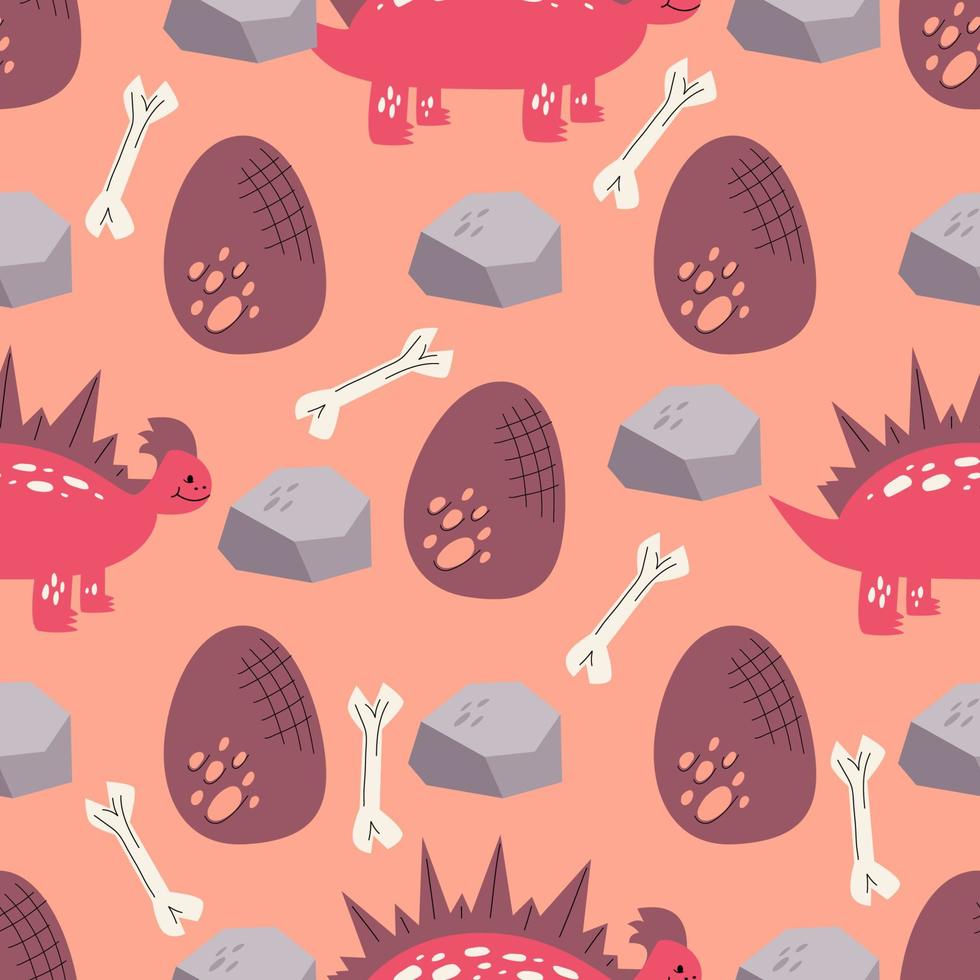 infantil de patrones sin fisuras en rosa con dinosaurio, huevos, piedra y huesos.Ilustración de vector en estilo plano para textiles para bebés con dinosaurio lindo.