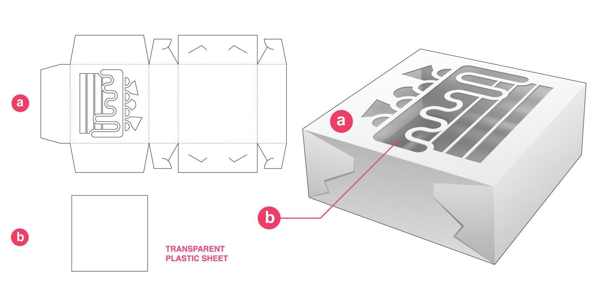 caja de pastel plegable y ventana en forma de pastel con plantilla troquelada de hoja de plástico transparente vector