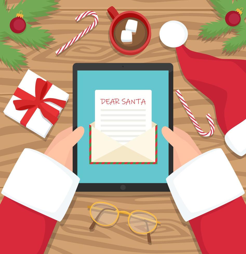 Santa claus is sitting at his workplace desk and receiving letter on his tablet - vector flat design illustration