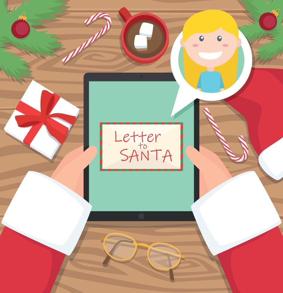 Papá Noel sostiene la tableta con una carta de una niña - ilustración de diseño plano de vector