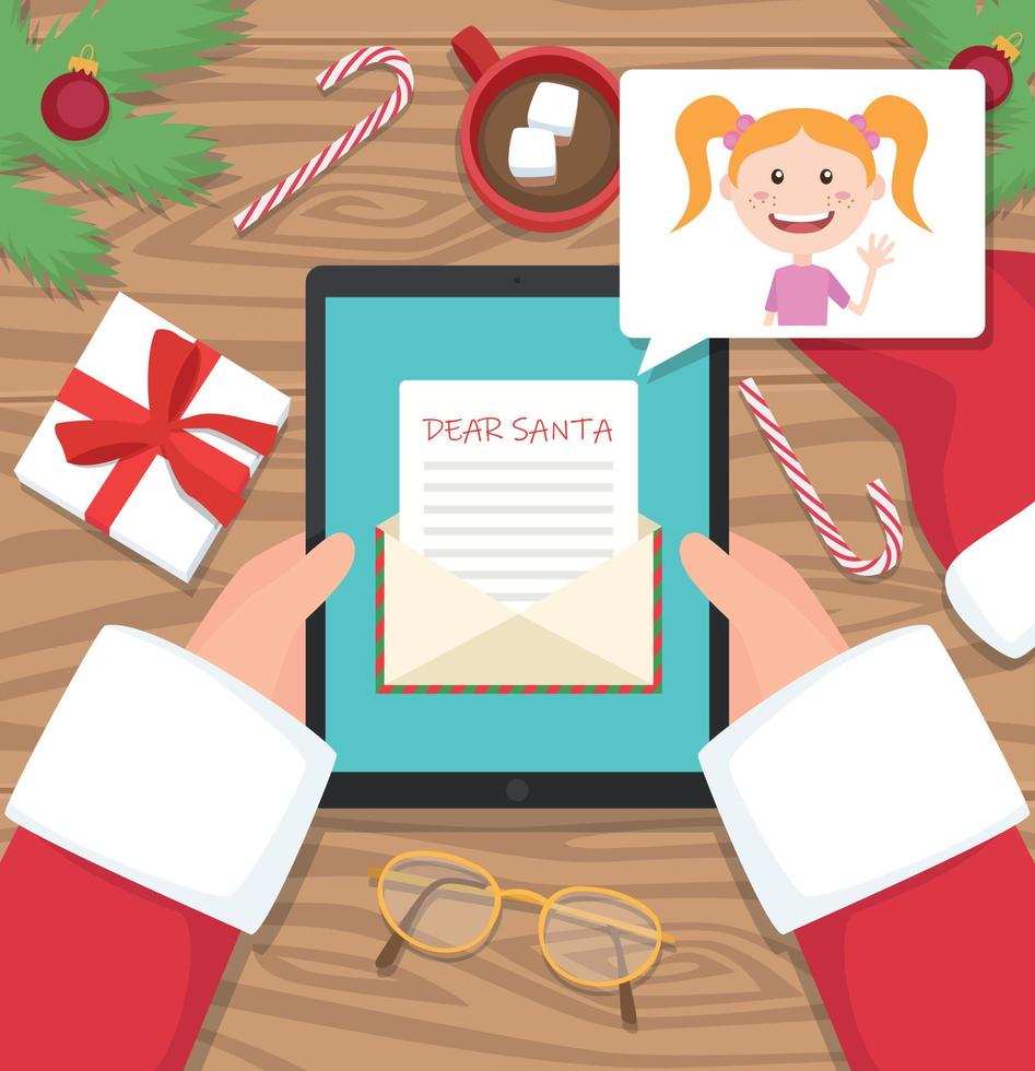 Papá Noel está sentado en el escritorio de su lugar de trabajo y recibe una carta en su tableta de una niña - ilustración de diseño plano vectorial vector