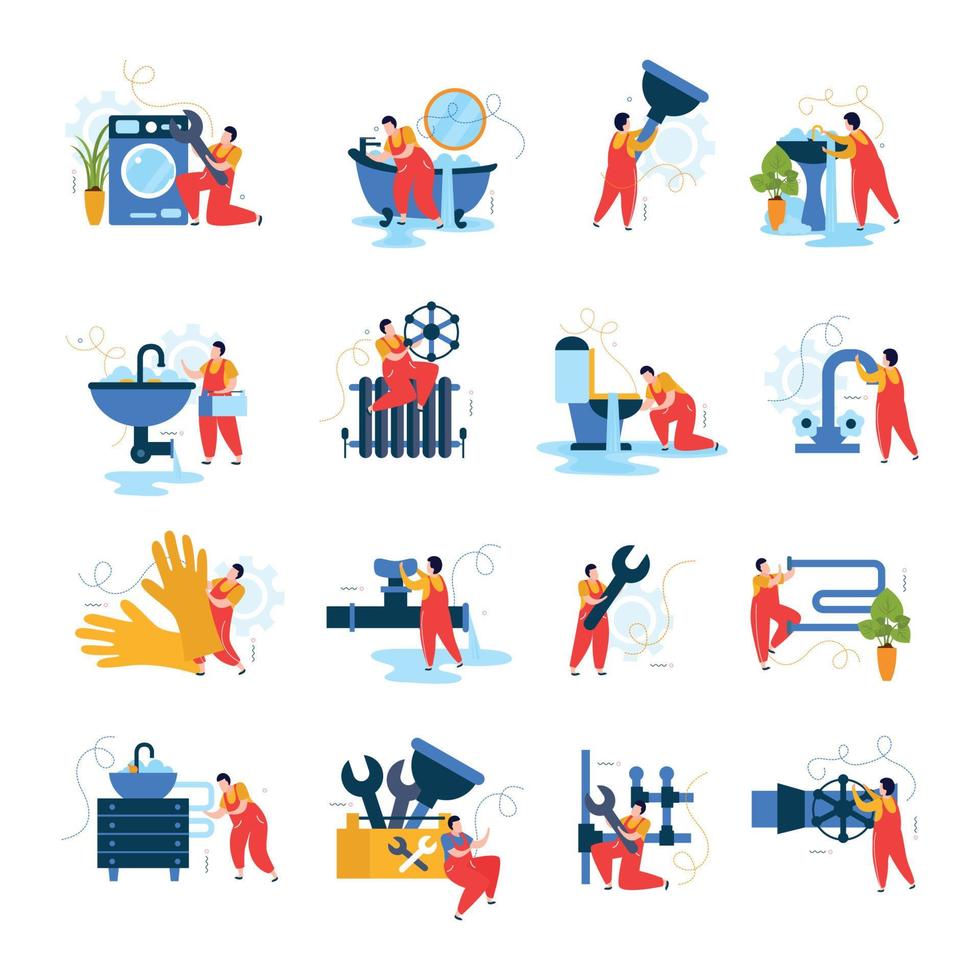 Plumber Flat Icons Set vector