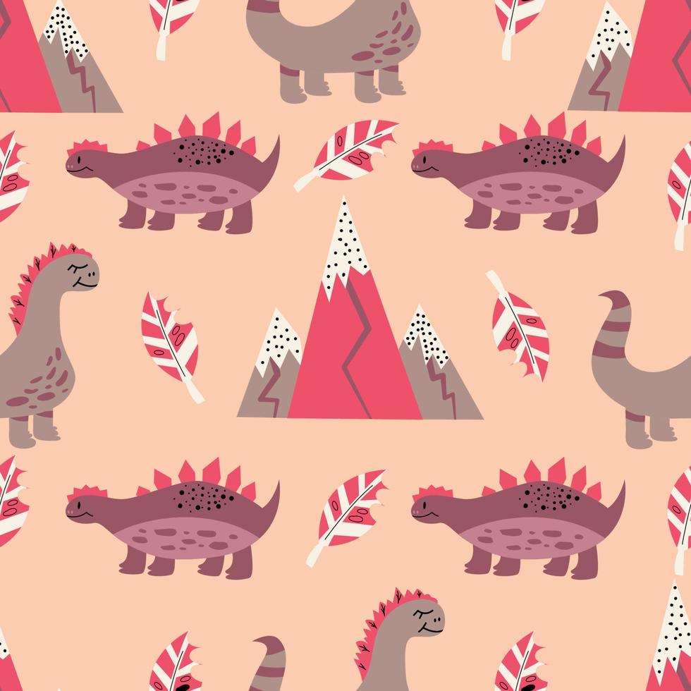 Children's seamless pattern in pink with a dinosaur, mountains, and bitten leaves.Vector illustration in flat style for baby textiles with cute dinosaur. vector