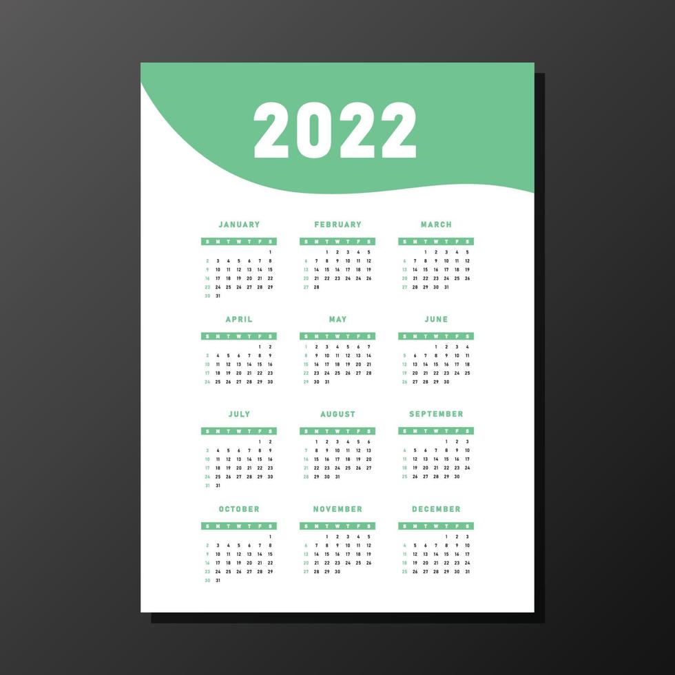 teal green 2022 calendar vector