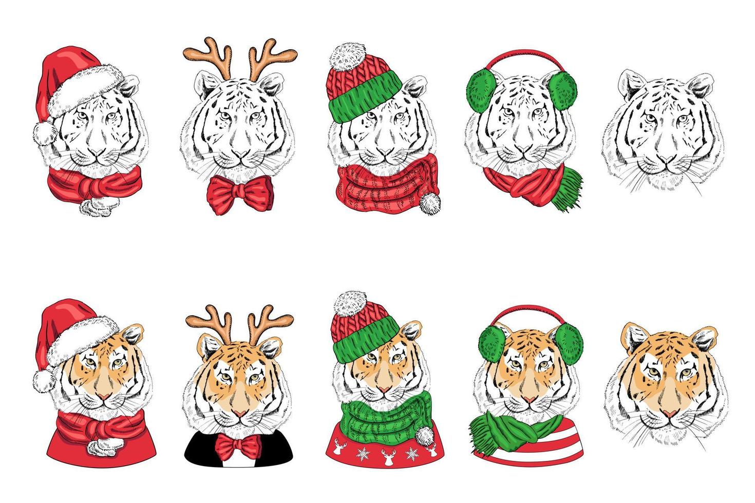 un conjunto de retratos hechos a mano de un tigre con sombreros navideños de punto, bufandas, suéteres, pajarita, astas de ciervo y traje. ilustración vectorial vintage. ilustración de año nuevo y navidad. vector