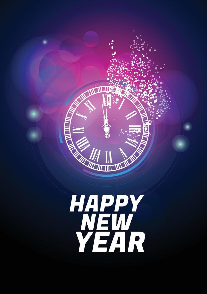 Purple shiny Merry Happy New Year 2022 greeting card with clock. vector background.