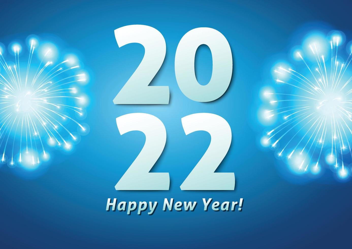 Colorful fireworks 2022 New Year vector illustration, bright on dark blue background, text Happy New Year. Flat style abstract, geometric design. Concept for holiday decor, card, poster, banner, flyer