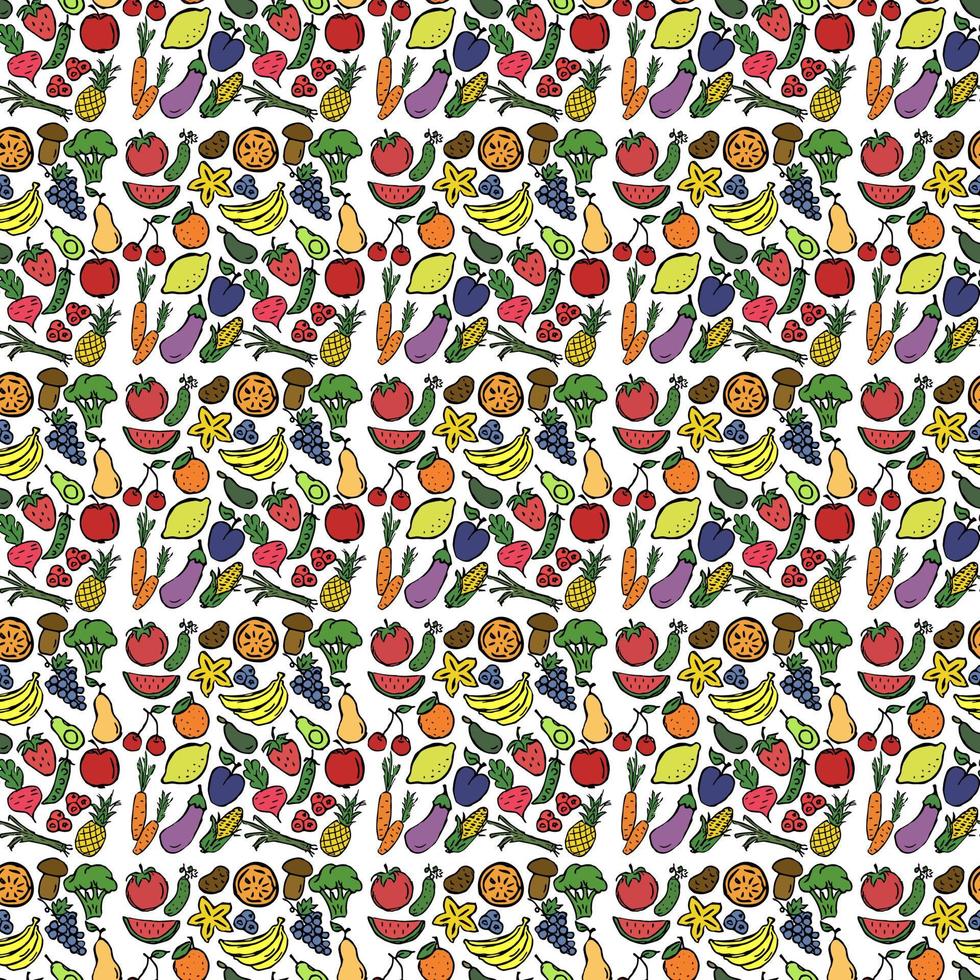 Colored seamless pattern with vegetables and fruits icons. vector food icons