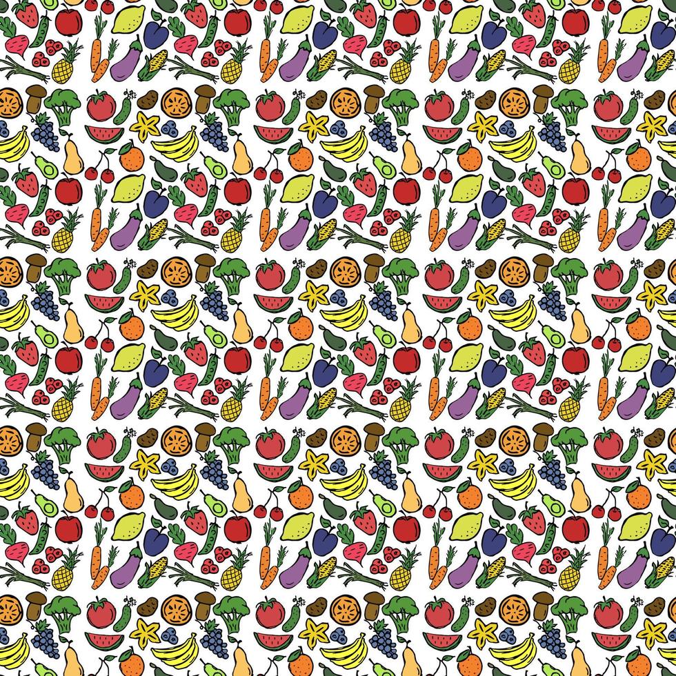 color de patrones sin fisuras con los iconos de frutas y verduras. vector iconos de comida