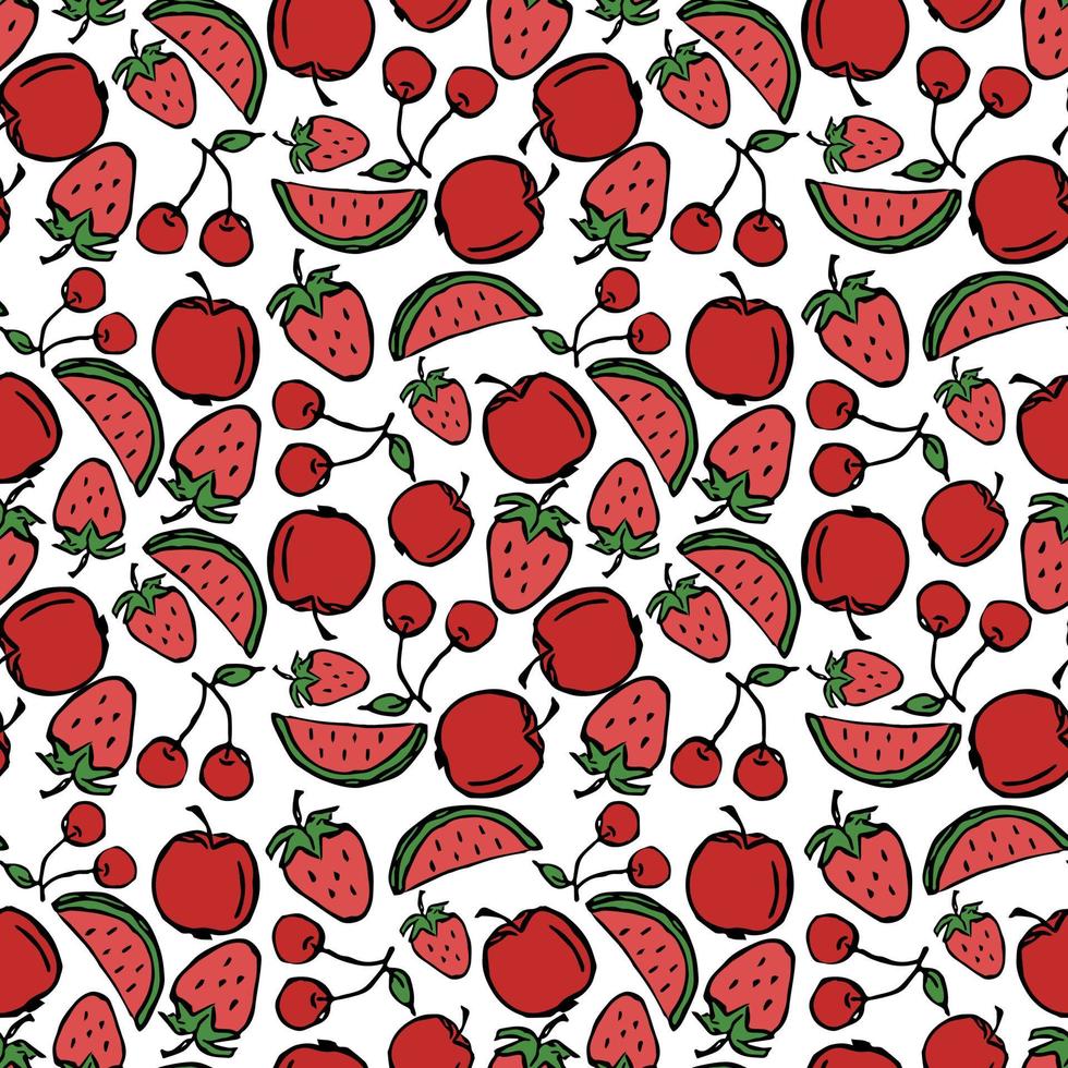 vector apple, cherry, watermelon, strawberry icons. Colored seamless pattern with red food icons