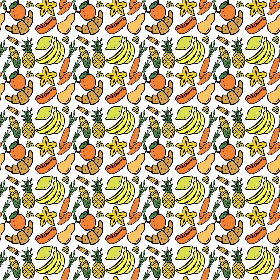 patrón transparente coloreado con iconos de alimentos amarillos y naranjas. vector iconos de comida