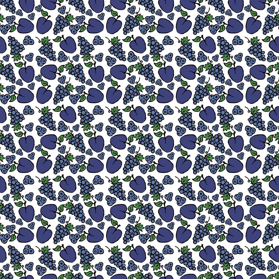 vector food icons with grape and plum on white background. Colored seamless pattern with blue fruit icons.