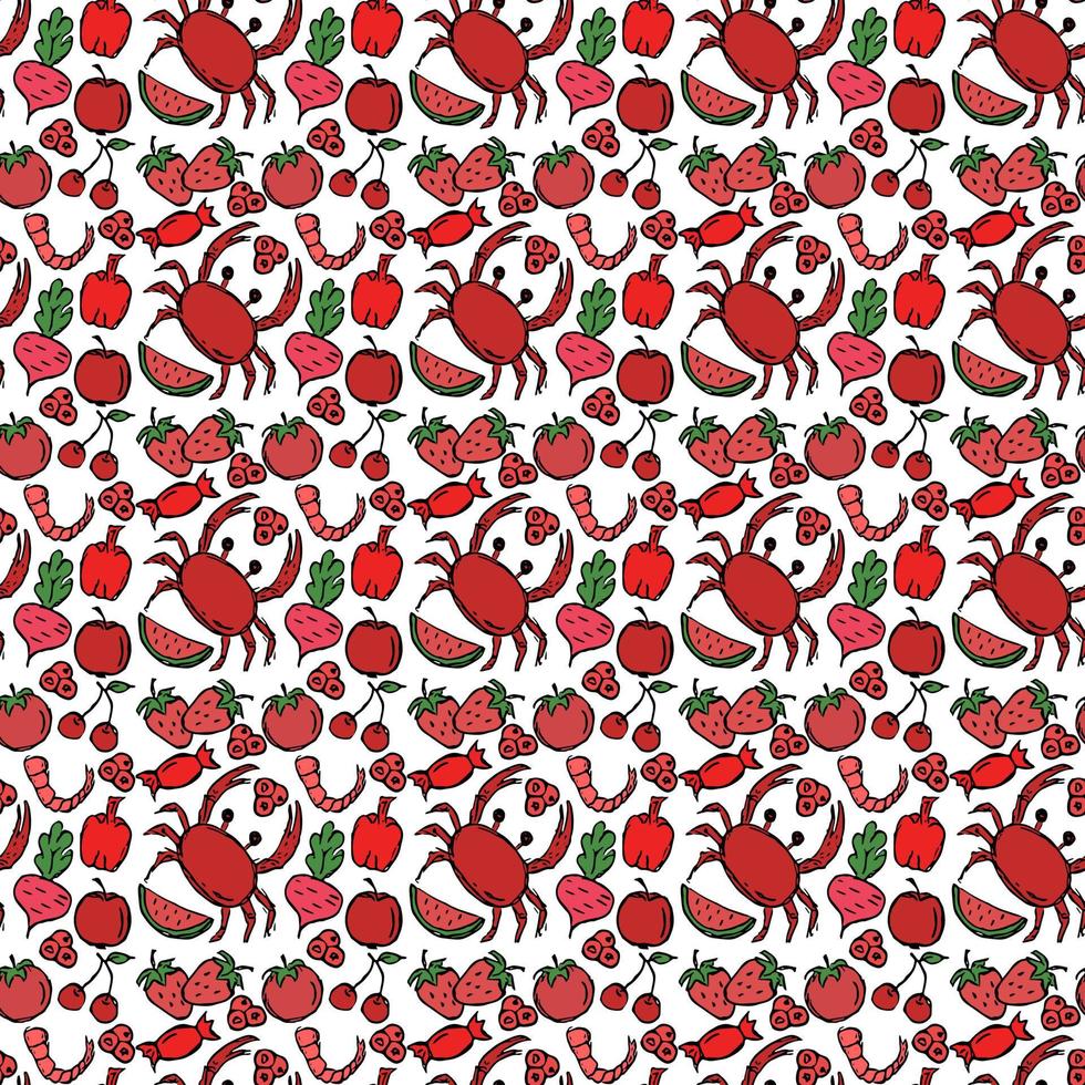 Colored seamless pattern with red food icons. Isolated vector food icons