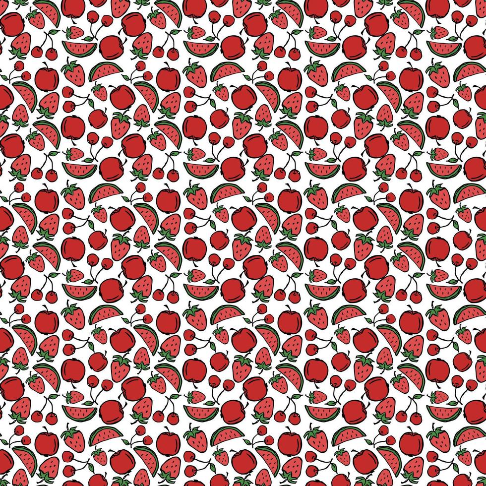 vector apple, cherry, watermelon, strawberry icons. Colored seamless pattern with red food icons