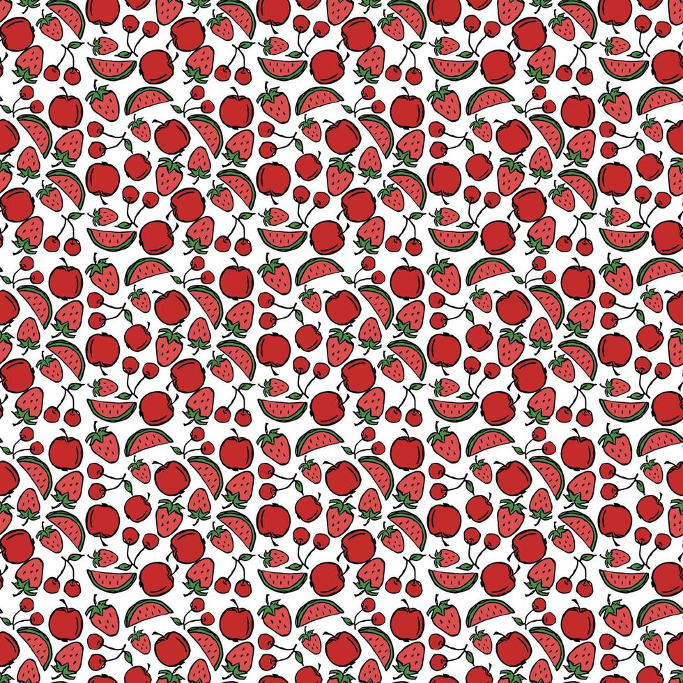 vector iconos de manzana, cereza, sandía, fresa. patrón transparente de color con iconos de comida roja