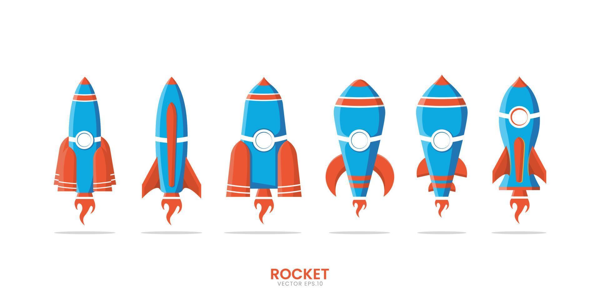 Ilustración de conjunto de cohetes, cohete de diseño plano con 6 variantes de formas adecuadas para temas infantiles. vector