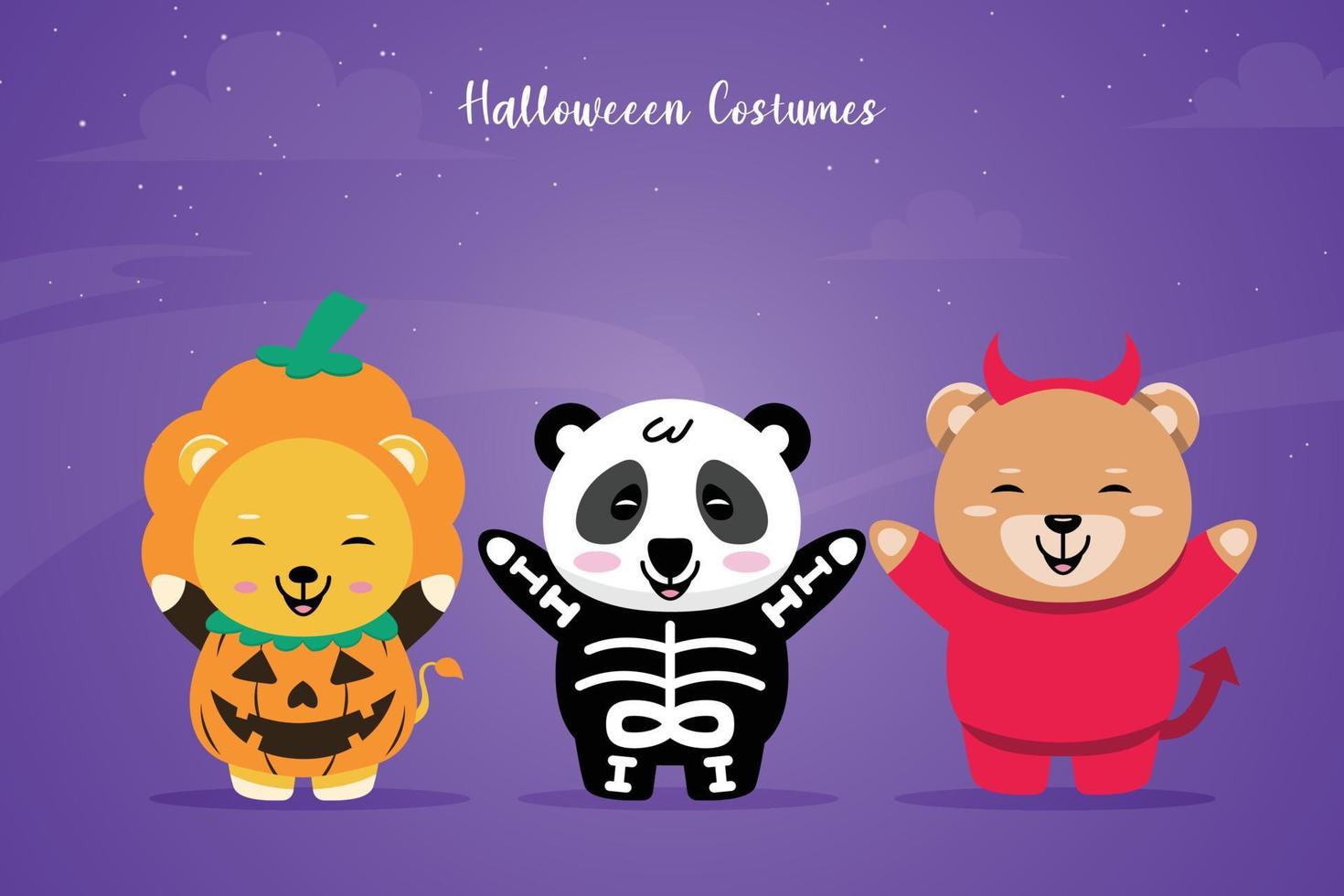 Establecer animales usan disfraces para celebraciones de fiestas de Halloween, disfraces divertidos con fondos de Halloween de miedo. vector