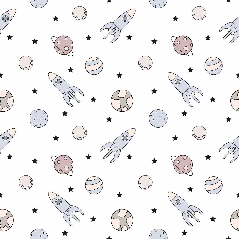 Seamless pattern with rocket and planets. Space pattern for printing on children's fabric. Background for wrapping paper. vector