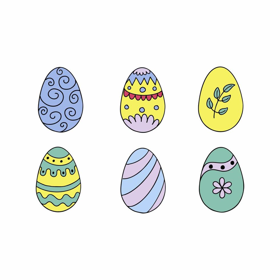 conjunto de coloridos huevos de pascua con adornos. huevo con un patrón de doodle. vector