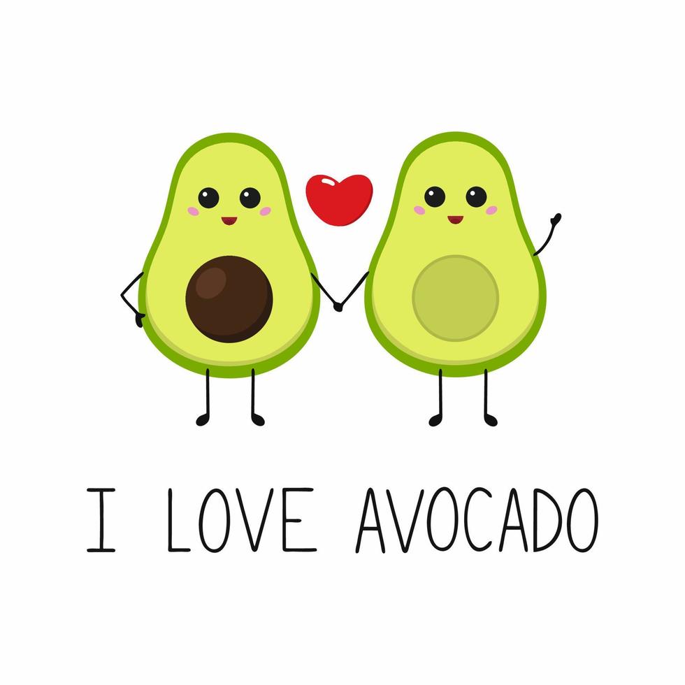 Two avocado halves hold each other's hands. The inscription in the style of lettering I love avocado. Avocado lovers. Valentine's day greeting card. Cover for a notebook. Print on a t-shirt. vector
