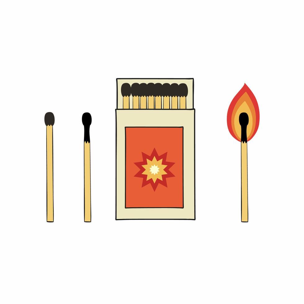 Set of illustrations of matchboxes and matches. Vector drawing in Doodle style.