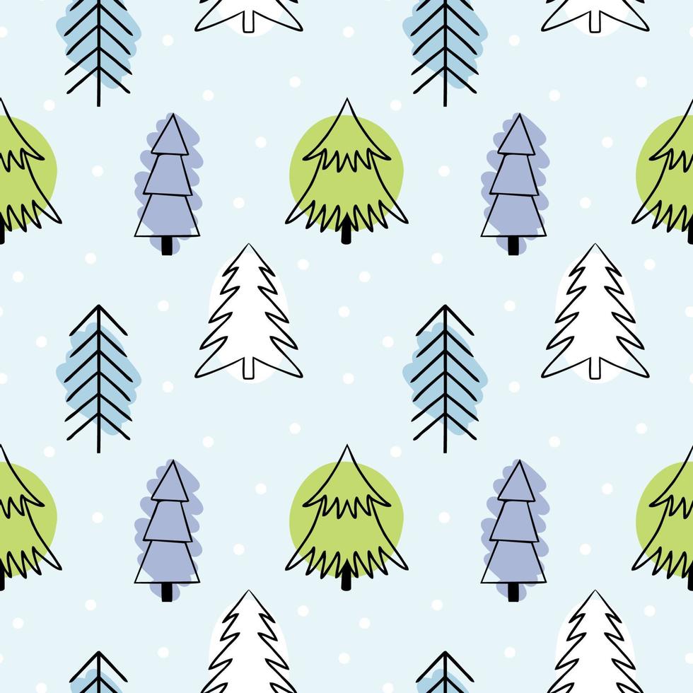 Seamless pattern for New year and Christmas. Christmas trees hand-drawn in Doodle style. Print for fabric, endless background for wrapping paper. Greeting card design vector