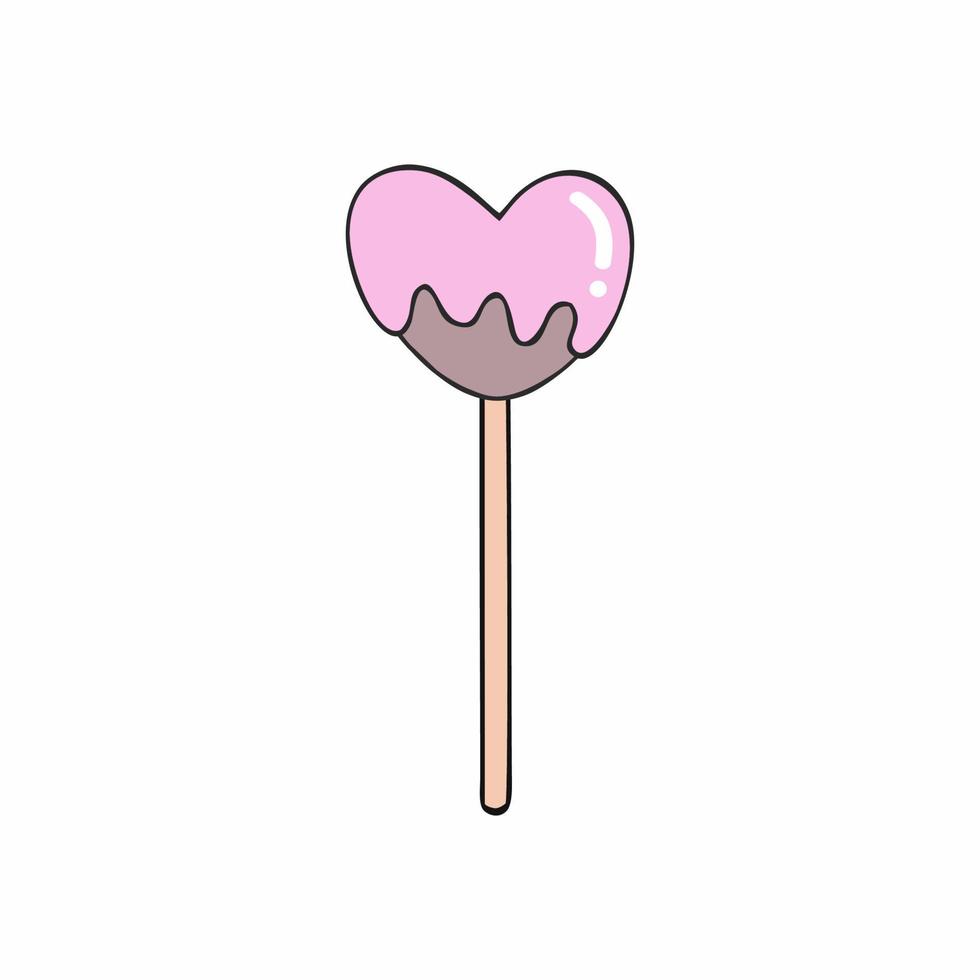 Chocolate Lollipop in the shape of a heart with pink frosting. Vector image of sweet candies on a white background.